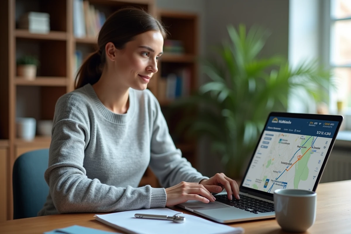Femme planifiant un trajet économique sur ViaMichelin depuis son bureau à domicile avec comparaison des itinéraires et coûts de péage