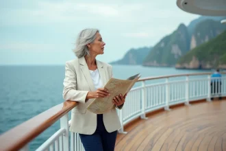 Femme élégante sur le pont d'un bateau de croisière tour du monde contemplant l'horizon marin