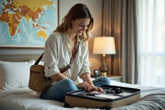 Femme souriante préparant ses affaires pour voyager dans une chambre lumineuse