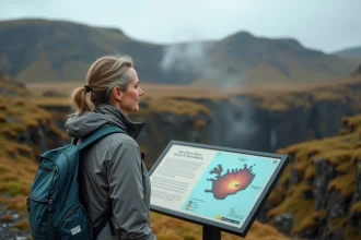 Femme en randonnée contemplant un paysage islandais