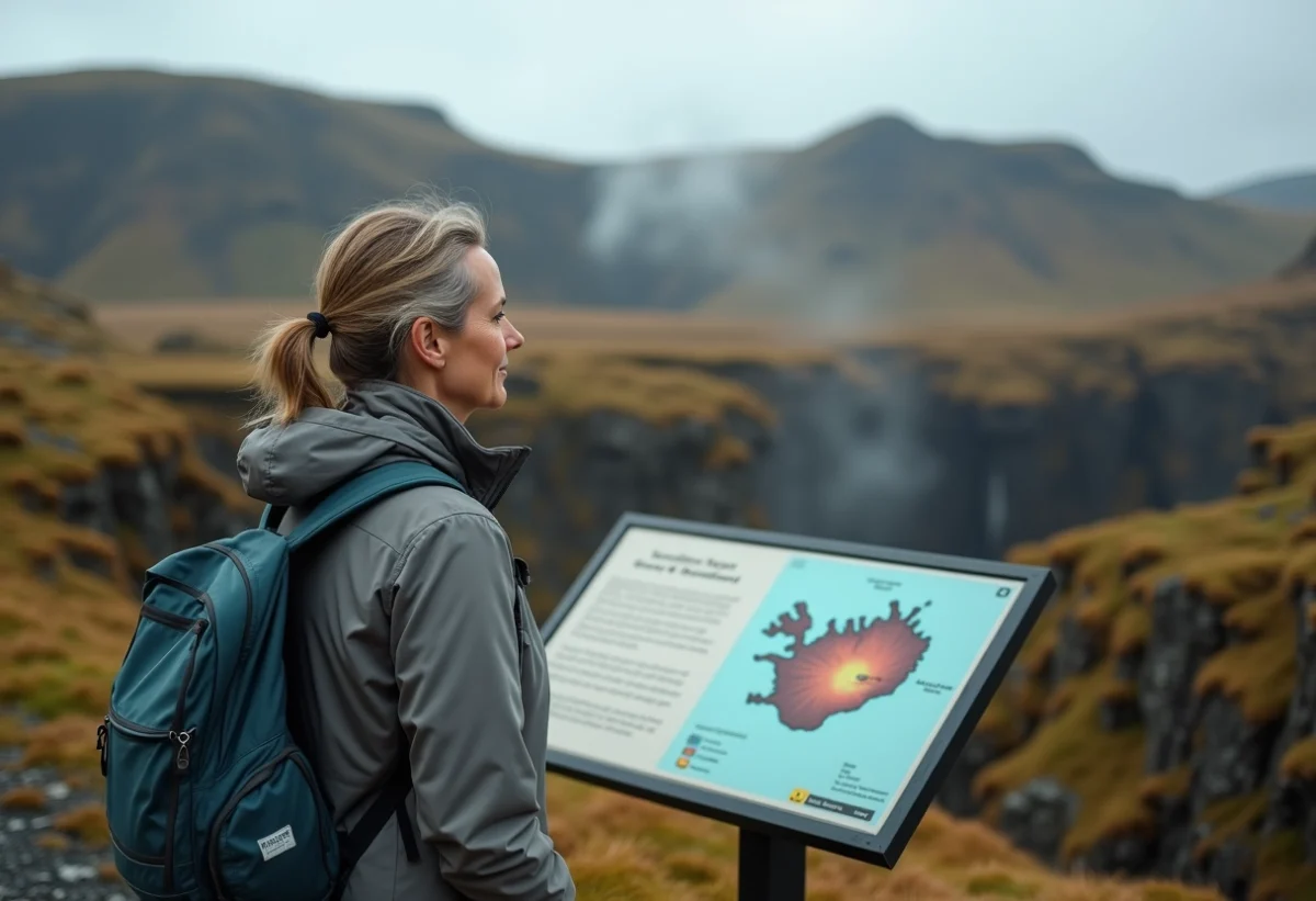 Femme en randonnée contemplant un paysage islandais