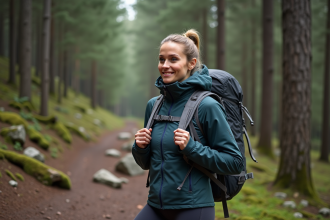 Femme en plein air ajustant son sac à dos en forêt