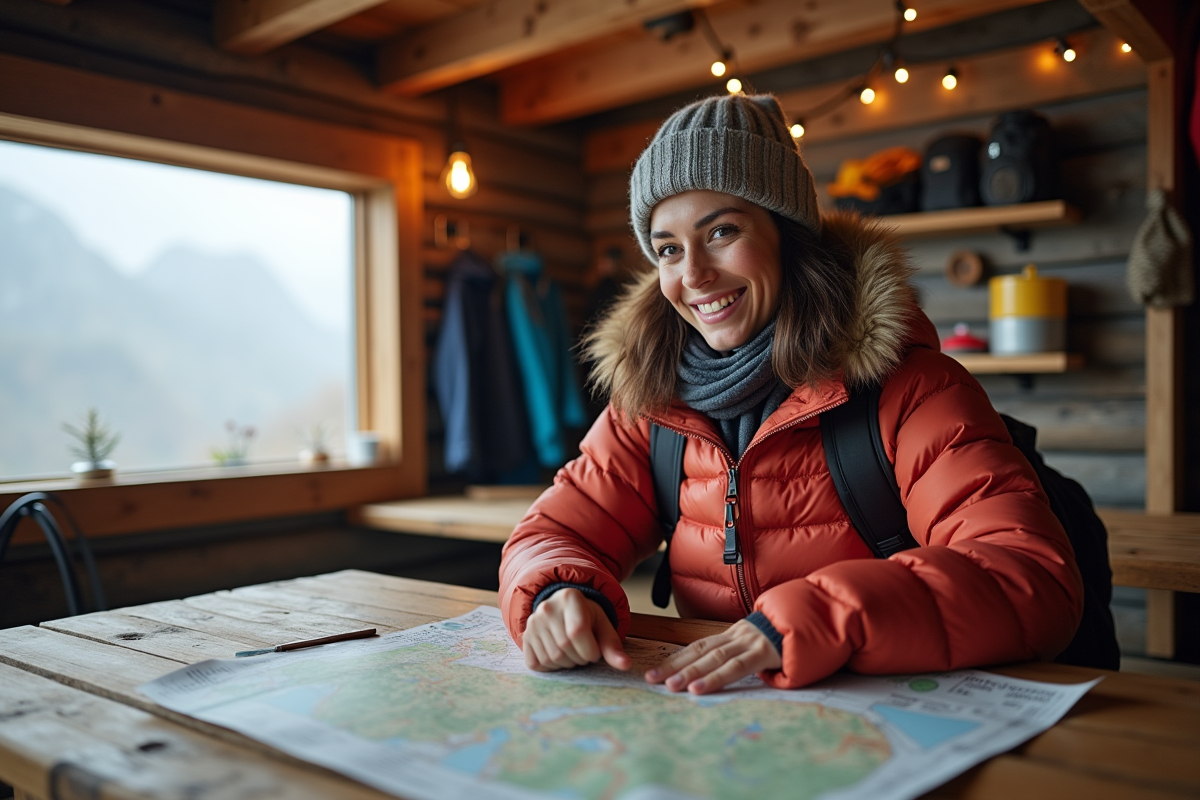 Femme randonneuse souriante dans un refuge de montagne cozy