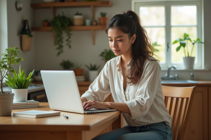 Jeune femme cherchant des vols sur son ordinateur à la maison