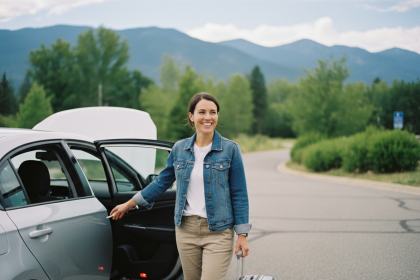 Femme souriante en voyage avec voiture et valise