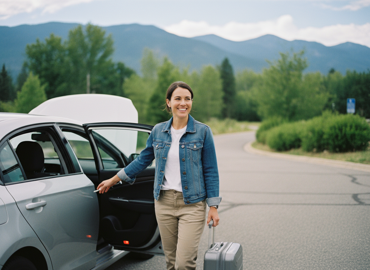 Femme souriante en voyage avec voiture et valise