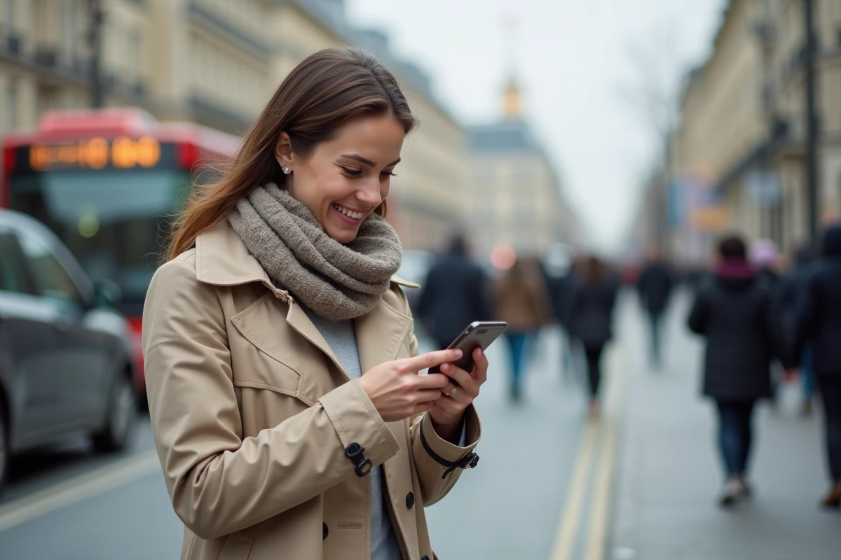 Femme dans la rue de Paris utilisant une application de navigation