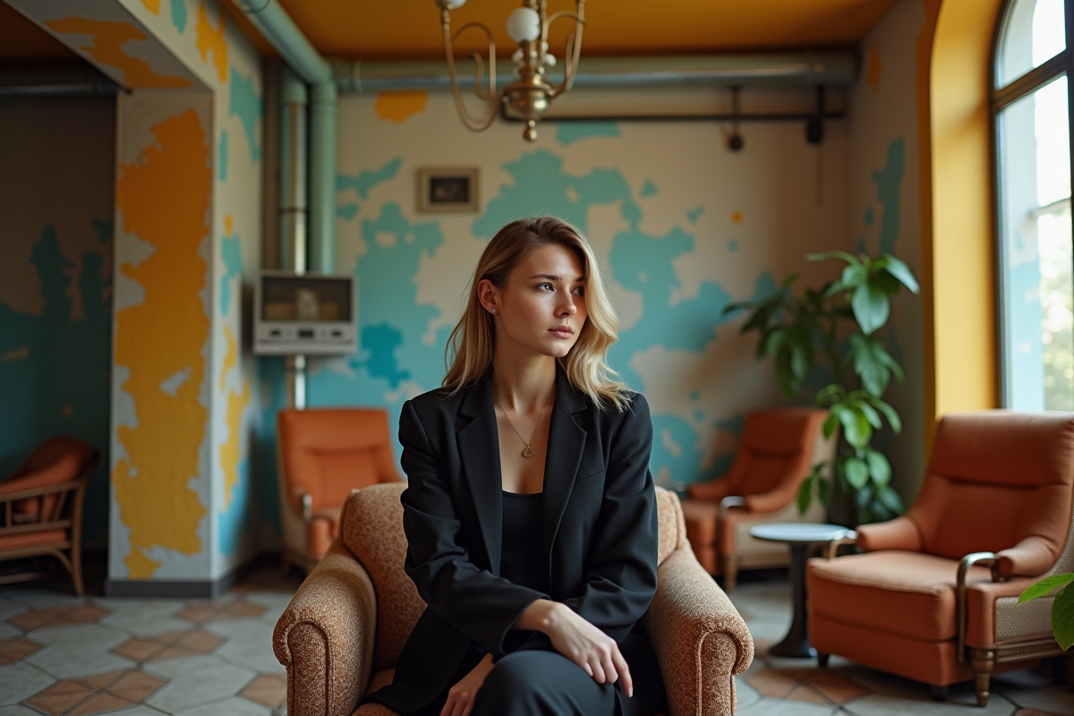 Jeune femme contemplant l interieur étrange de l hotel