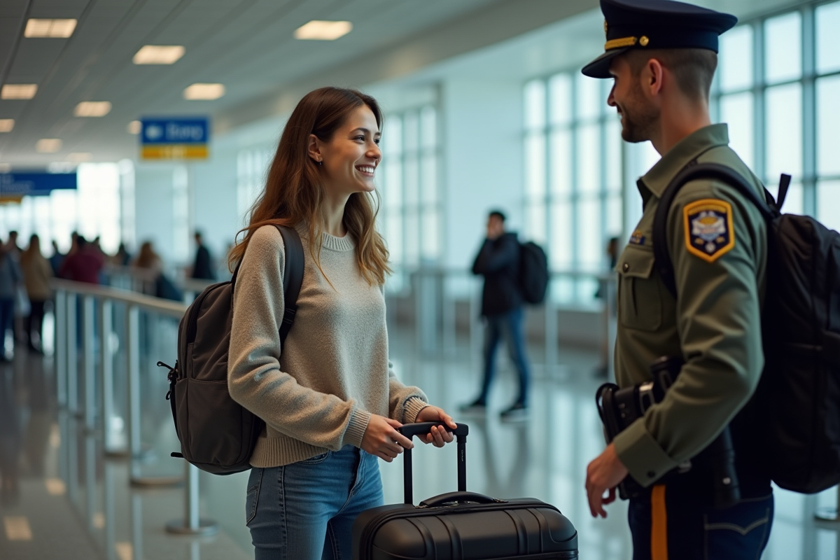 Jeune femme souriante au contrôle douanier aéroport