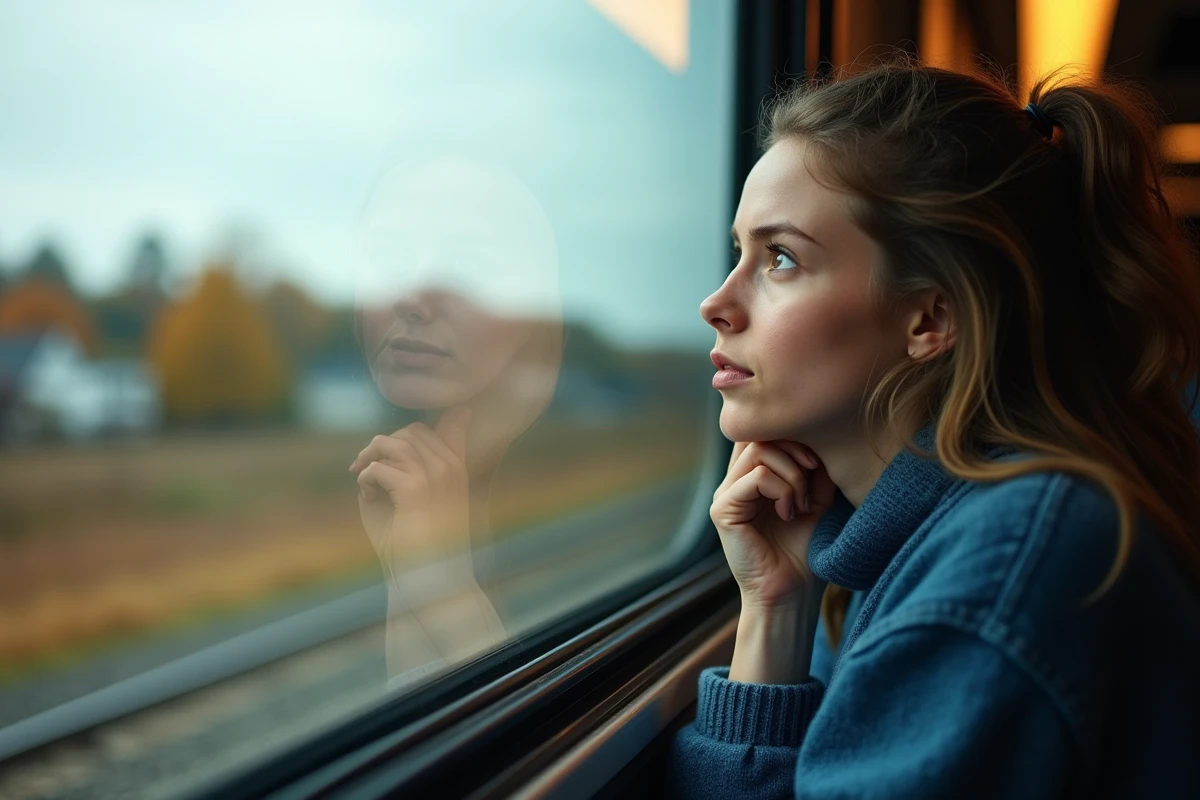 Femme regardant par la fenêtre d’un train Amtrak en automne