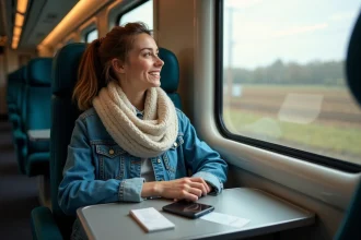 Jeune femme dans un train regardant par la fenetre