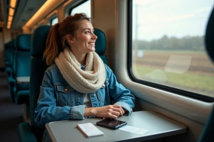 Jeune femme dans un train regardant par la fenetre