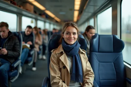 Jeune femme souriante dans le train Eurotunnel