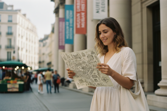 Jeune femme regardant une carte en ville près d'un musée