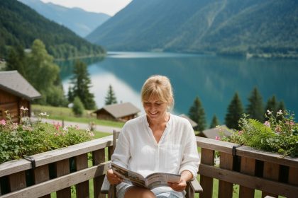 Femme souriante regardant brochure avec paysage montagne et lac