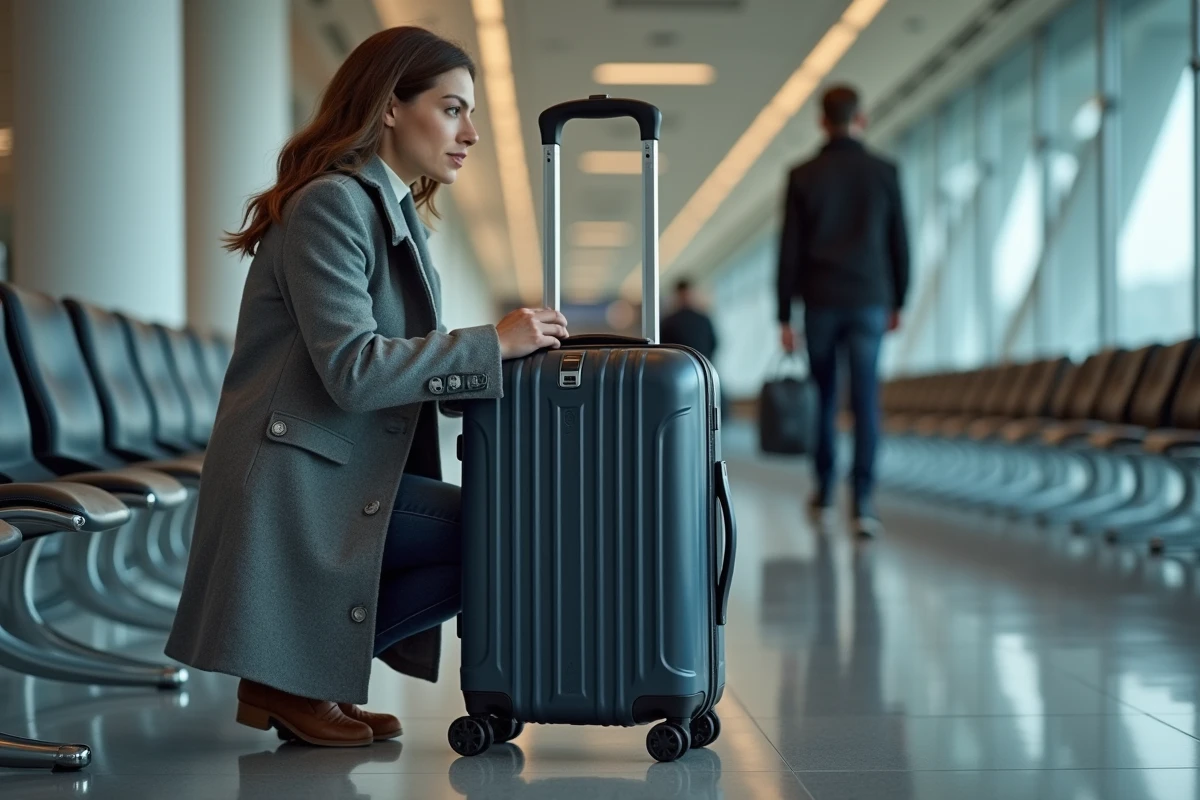 Femme regardant la serrure d'une valise à l'aéroport