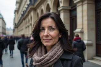 Femme curieuse devant l'opéra de Vienne avec façade ornée