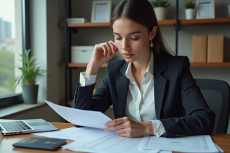 Jeune femme examinant des formulaires de visa au bureau