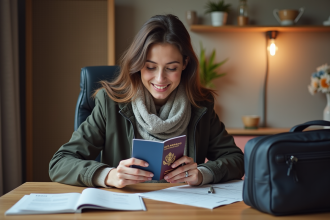 Jeune femme belge vérifiant son passeport et visa Japon