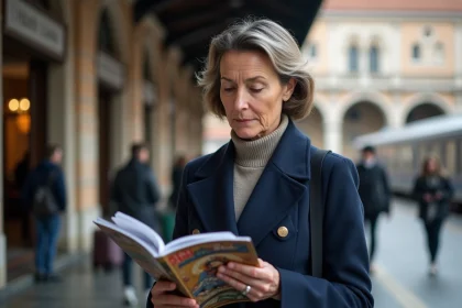 Femme en manteau navy à la gare de Venise en train de lire