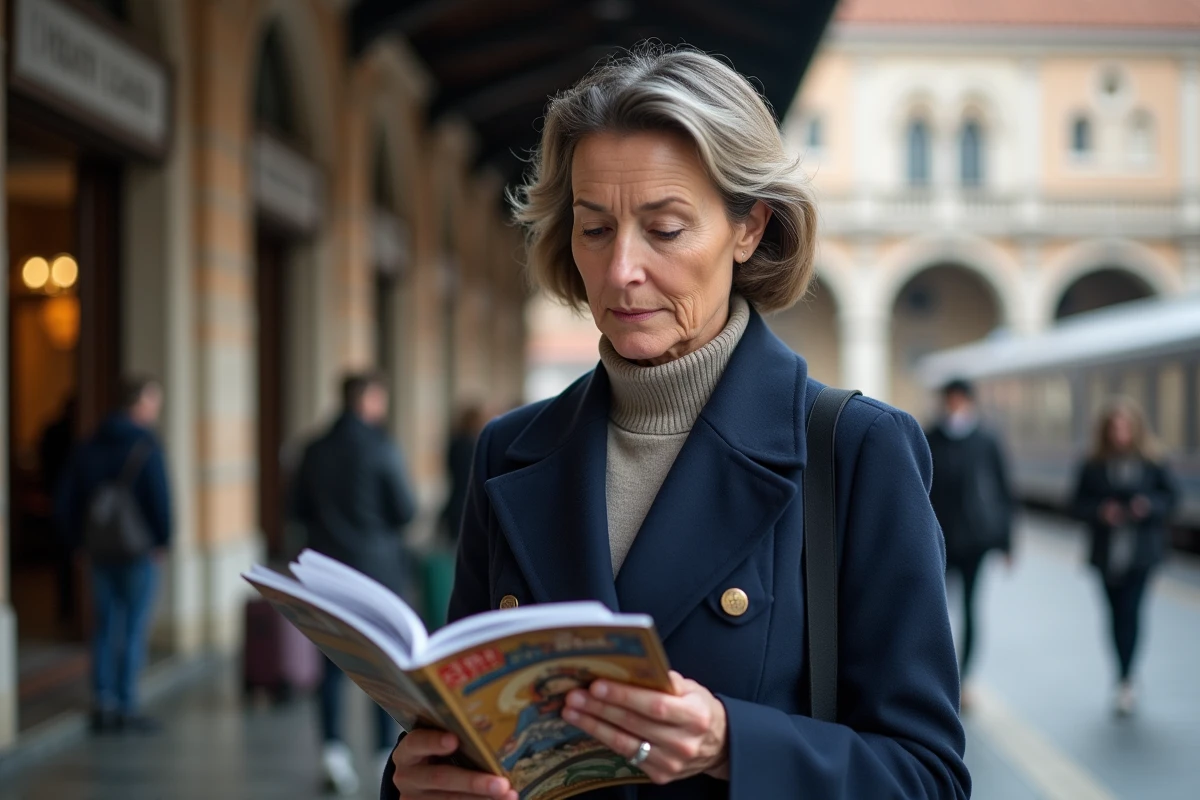 Femme en manteau navy à la gare de Venise en train de lire