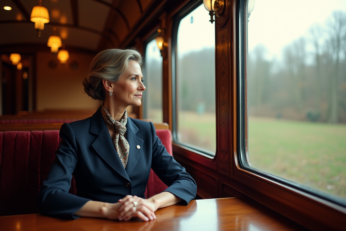 Femme élégante dans un wagon vintage Orient Express