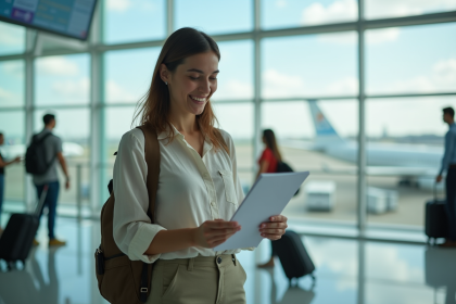 Jeune femme souriante vérifiant ses documents de voyage à l'aéroport