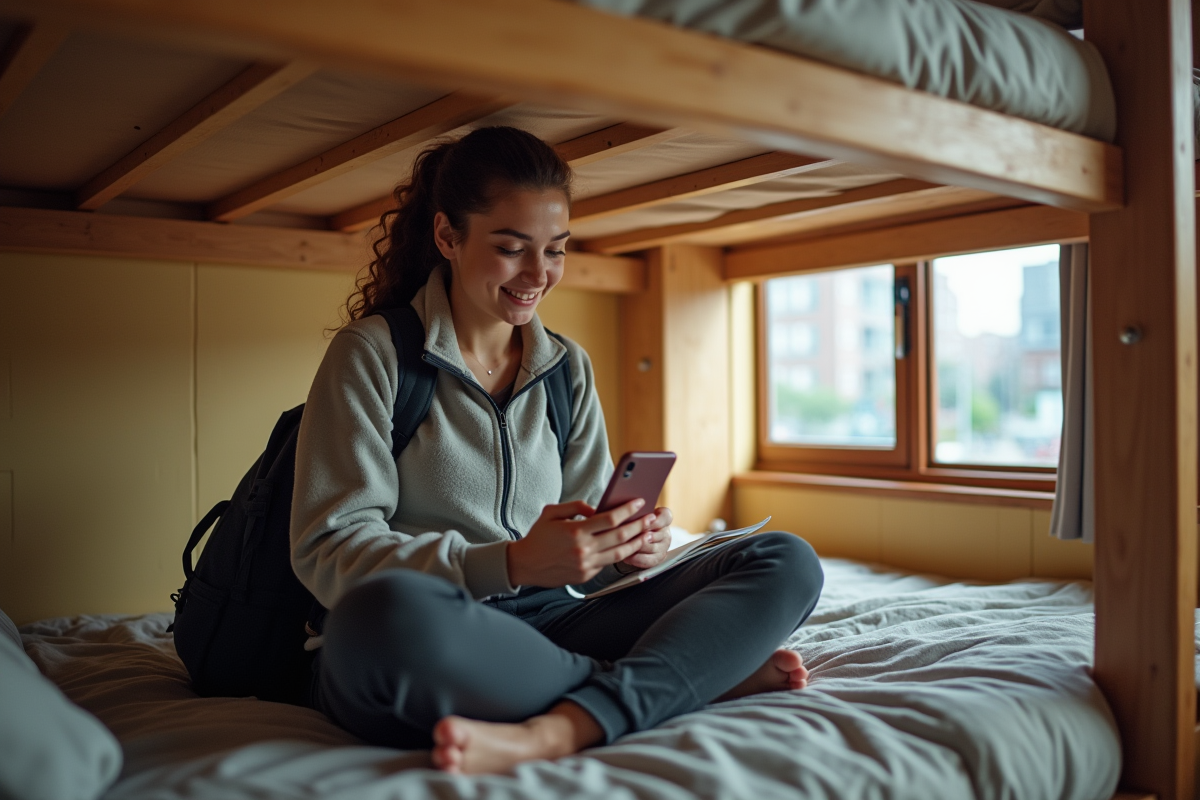 Jeune femme vérifiant son téléphone dans un dortoir
