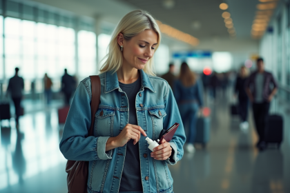Femme organisée dans un aéroport avec passeport et écouteurs