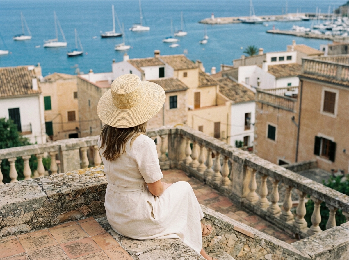 Femme regardant la mer depuis un balcon