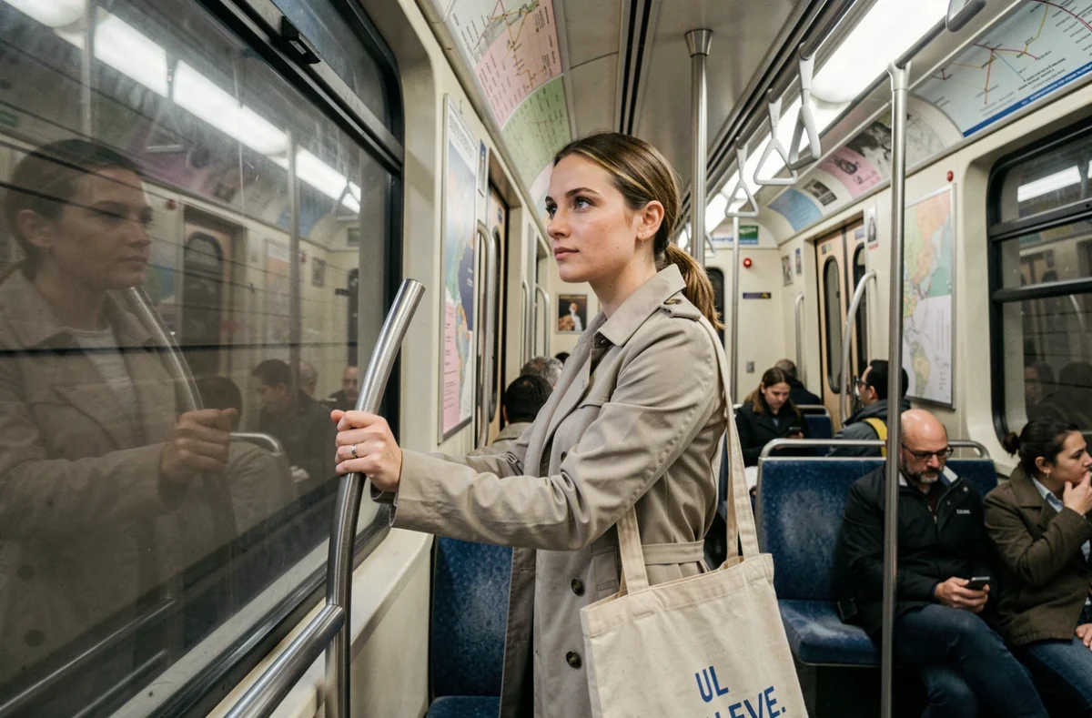 Femme dans un wagon du métro U-Bahn de Berlin regardant par la fenêtre pendant le trajet