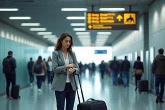 Voyageuse faisant la queue au contrôle de sécurité d'un aéroport de New York en regardant sa montre
