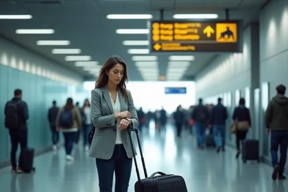 Voyageuse faisant la queue au contrôle de sécurité d'un aéroport de New York en regardant sa montre