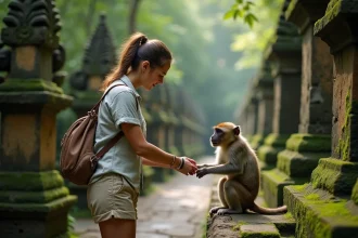 Jeune femme avec singe dans la foret sacrée