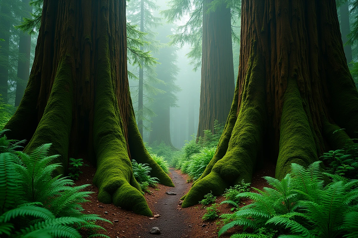Forêt pluviale tempérée du Pacifique Nord-Ouest américain avec troncs géants recouverts de mousse et sentier forestier enveloppé de brume verte