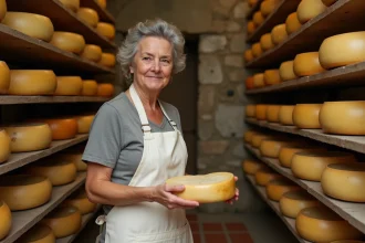 Fromagère normande tournant une meule de Camembert dans une cave d'affinage en pierre