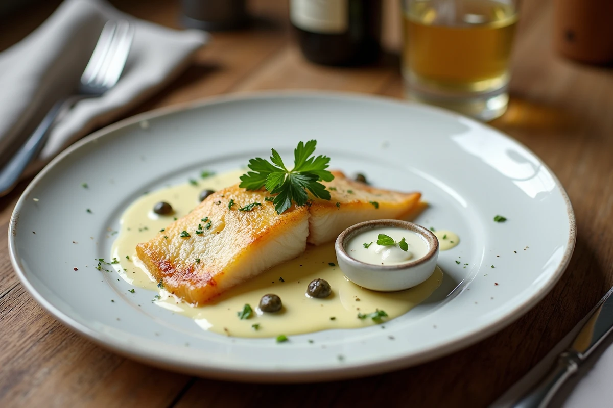 Sole meunière normande dressée sur table en chêne avec sauce à la crème d'Isigny et cidre