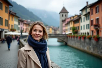 Canaux d'Annecy avec maisons colorées et montagnes en arrière-plan