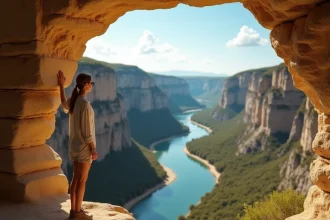 Femme admirant les gorges de l'Ardèche depuis un belvédère sur le plateau calcaire en été