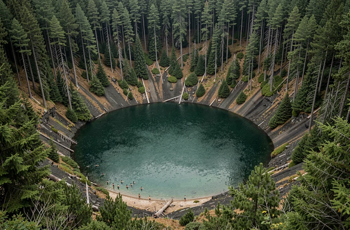 Le Gour de Tazenat dans le Puy-de-Dôme, lac volcanique circulaire aux eaux vert émeraude avec baigneurs sur la plage naturelle