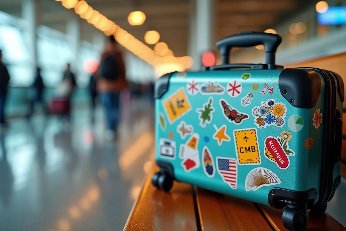 Gros plan sur une valise de voyage personnalisée avec de nombreux autocollants vinyle colorés dans un aéroport