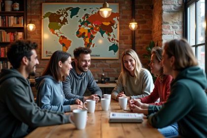 Jeunes adultes discutant dans un hostel convivial
