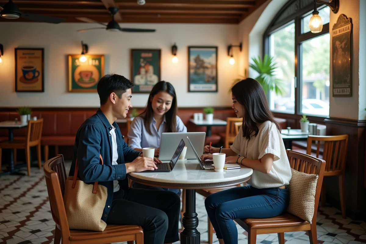 Groupe de nomades numériques collaborant dans un kopitiam traditionnel transformé en café coworking à Kuala Lumpur
