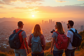 Groupe de touristes souriants sur une colline au lever du soleil