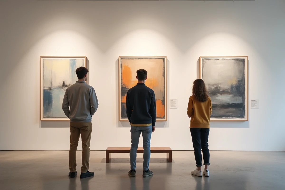 Trois jeunes adultes admirant des œuvres d