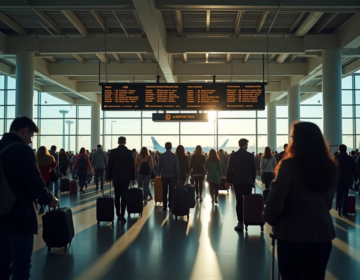 Hall de départ bondé à l'aéroport de New York avec voyageurs et panneaux d'affichage des vols