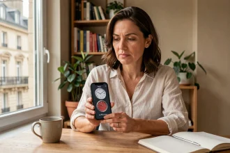 Femme consultant son téléphone affichant les fuseaux horaires Paris et La Réunion depuis un bureau parisien