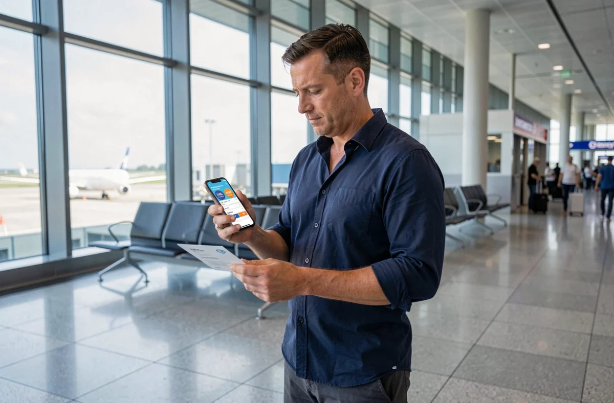 Homme à l'aéroport vérifiant ses réductions et avantages du programme MisterFly Club sur son smartphone