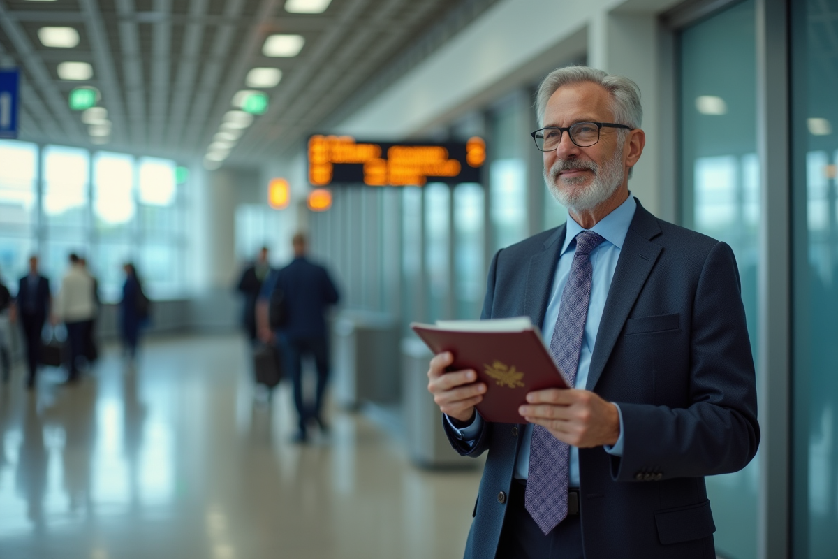 Homme d'affaires au comptoir d'immigration aéroport