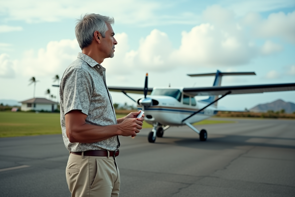 Homme regardant un avion près d un volcan à l aéroport